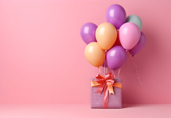 Colorful balloons bunch tied with a gift box on a pink wall background with copy space. Birthday, wedding, party or celebration concept. Generated AI.