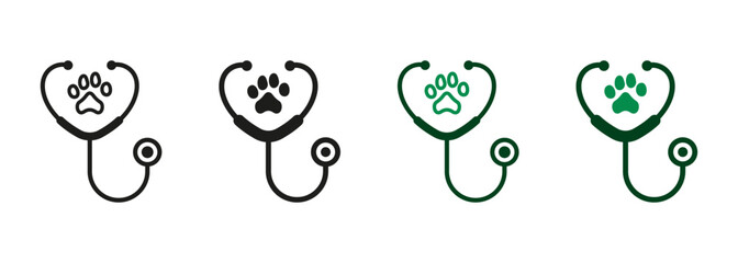 Stethoscope and Animal Footprint Veterinary Concept. Veterinarian Medicine Equipment Line and Silhouette Icon Set. Pet, Dog, Cat Health Care Service Symbol Collection. Isolated Vector Illustration