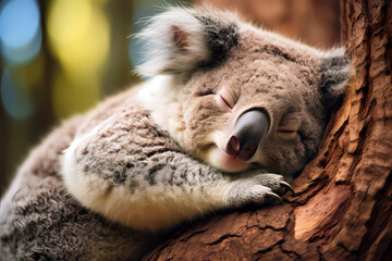 Cuddly koala napping in a tree