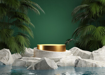 Fototapeta na wymiar Podium in tropical forest for product presentation. Empty podium with palms, stones, water