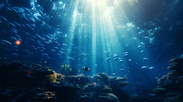 glowing underwater ocean scene little fish, whales, and sharks swimming in the background, shimmering and beautiful, ultra low angle, Color Grading, portrait Photography