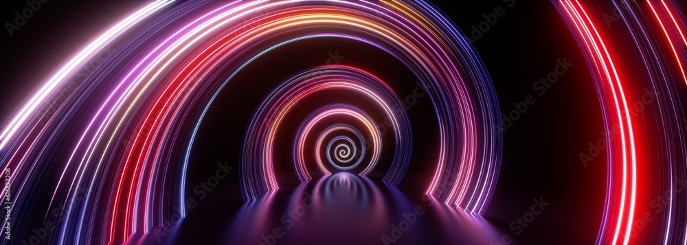 Poster 3d render. abstract neon background of perspective view of spiral tunnel and glossy floor reflection