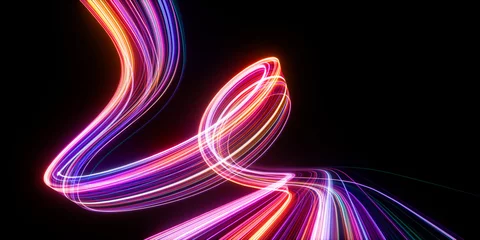 Fotobehang 3d render. Abstract neon wallpaper. Glowing dynamic lines over black background. Light drawing trajectory. Fluorescent ribbon © NeoLeo