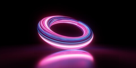 3d render. Abstract geometric background of neon linear ring glowing in the dark. Minimalist futuristic wallpaper