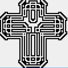 Cross with black and white patterns on a white background.
