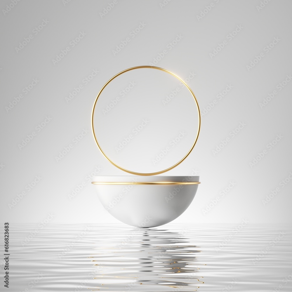 Poster 3d render, abstract minimalist white background with empty hemispheric podium for product presentati
