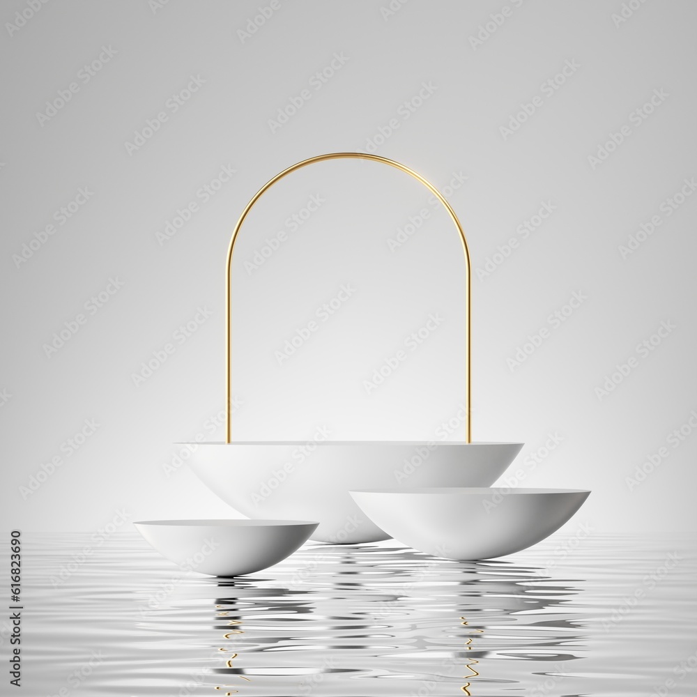 Poster 3d render, abstract minimalist white background with empty hemispheric platforms for product present