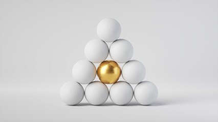 3d render, abstract minimalist geometric background. Gold ball placed in the center of triangular pile of white balls
