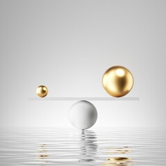 3d render, abstract geometric background, minimalist scene with golden balls and liquid floor, reflection in the water. Balance concept