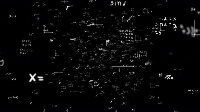 Math and physics formulae pass through the screen and fall away. Animation of maths equations. Fast movement of plexus formulas. Science, technology Genetics biology, biotechnology, chemistry, science