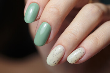 Female hands with nail design close-up. Beautiful female nails with green manicure.