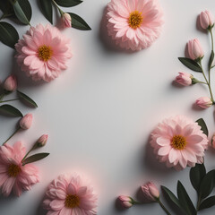 Top View Image of Pink Flower Composition Floating Over a Delicate Pastel Background, Creating a Tranquil Ambiance