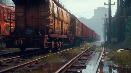 Plakat unclaimed rusty freight wagons derailed or on abandoned branches. wartime, crisis, misfortune, disaster. environment and insurance concept.Generative AI 