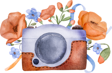 Retro photo camera with poppy flowers watercolor painting for postcard design. Vintage photographer lens with traditional floral ornament