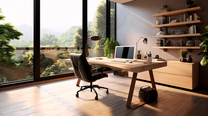 Sleek and minimalist home office setup with a sleek desk, ergonomic chair, minimalist decor, and ample natural light, offering a functional and aesthetic workspace. Generative AI
