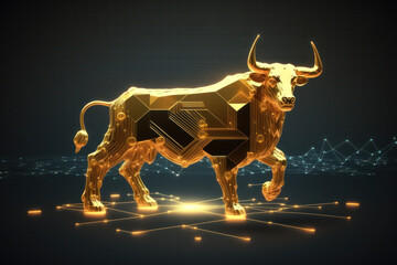  The bullish trend of the bitcoin cryptocurrency in the golden futuristic concept.Generative AI