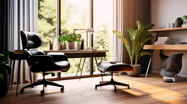 Sleek and minimalist home office setup with a sleek desk, ergonomic chair, minimalist decor, and ample natural light, offering a functional and aesthetic workspace. Generative AI