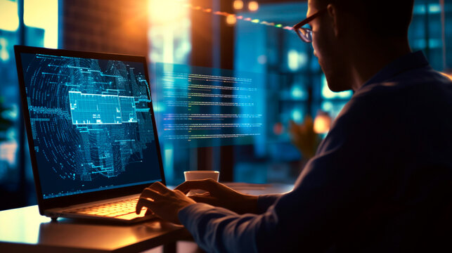 Software development concept. Coding programmer, software engineer working on laptop with javascript computer code on virtual screen, internet of things IoT, digital technology. Generative AI