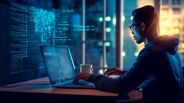 Software development concept. Coding programmer, software engineer working on laptop with javascript computer code on virtual screen, internet of things IoT, digital technology. Generative AI