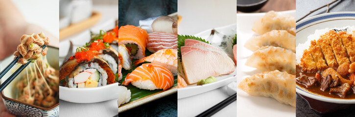 Collage of various tradition and popularity Japanese food products, (Nutto, Maki Rolls, Sushi, Sashimi, Gyoza, Tonkatsu Kare)