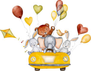 Cartoon bear, elephant and bunny in yellow car with bird and kite watercolor painting. Automobile transportation with cute animals, traffic lights and trees aquarelle travel illustration