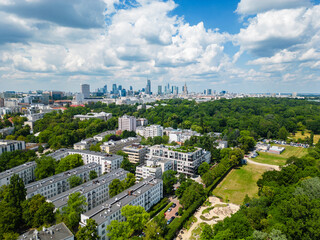 Warsaw city center and Lazienki Park from above, aerial landscape