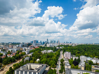 Warsaw city center and Lazienki Park from above, aerial landscape © lukszczepanski