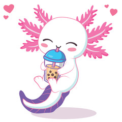 Kawaii axolotl drinking boba milk tea cartoon vector illustration
