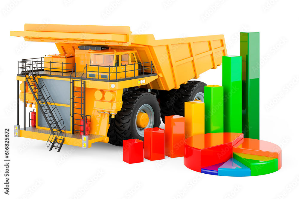 Aufkleber dump truck with growth bar graph and pie chart. 3d rendering