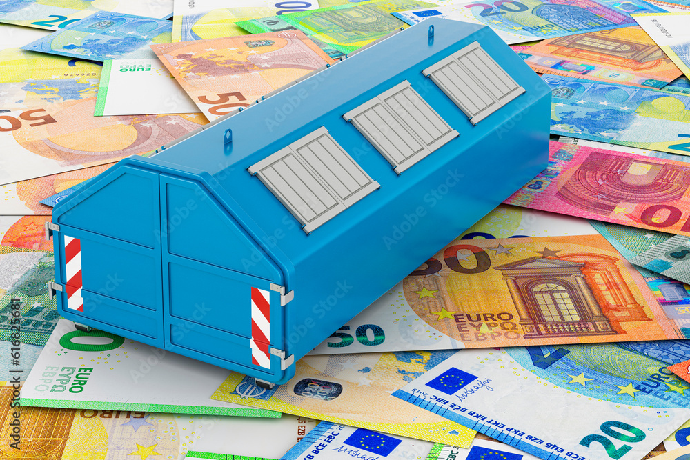 Aufkleber gray garbage container on the euro background. 3d rendering
