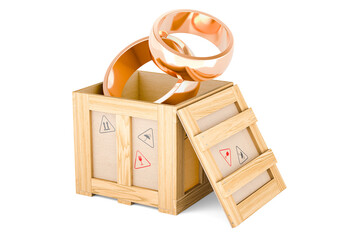 Golden wedding rings inside wooden box, delivery concept. 3D rendering