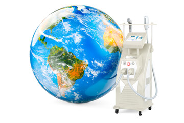 Professional Laser Tattoo Removal Machine with Earth Globe. 3D rendering