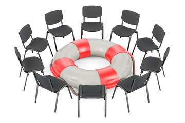 Chairs in a circle with lifebelt, 3D rendering