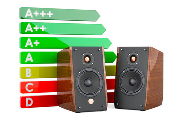 Musical Speakers with energy efficiency chart. 3D rendering
