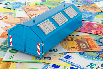 Fototapeta na wymiar Gray garbage container on the euro background. 3D rendering