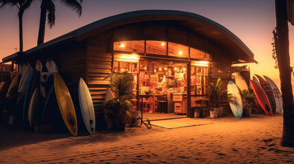 Surf shop on the beach with epic background