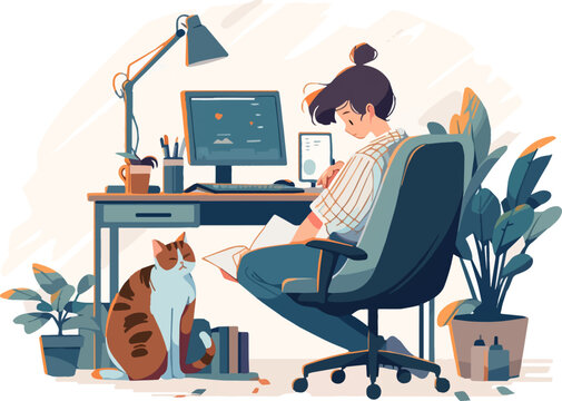 Woman graphic designer working on computer while sitting at the table indoors. Work at home concept design. Freelance woman and man working on laptop with pets at their house.