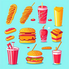 A set of fast food food, highlighted on a blue background. Cartoon fast food, unhealthy burger sandwich, hamburger, snacks from the restaurant menu.Illustration in a simple style