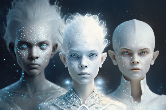 Starseed people as human aliens from another galaxies, fictitious person. AI generated image..