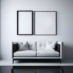 Modern minimalistic living room interior with white sofa and two black picture frames on white wall background. Generated AI.