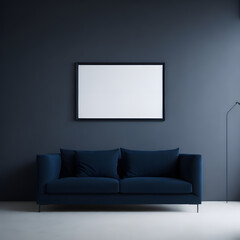 Modern minimalistic living room interior with velvet dark blue sofa, lamp and wall background with picture frame. Generated AI.