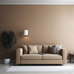 Modern minimalistic living room interior with beige sofa, plant, table and lamp on brown wall background. Generated AI.