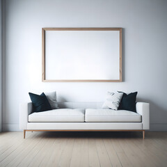 Modern minimalistic white living room with sofa, pillows and wall background with picture frame. Generated AI.