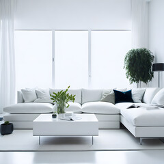 Modern white living room and window with sofa, plants, lamp, table and rug. Generated AI.