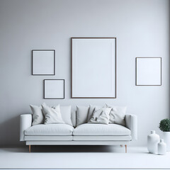 Modern and minimalistic living room interior with white sofa, plant and four picture frames in white wall background. Generated AI.
