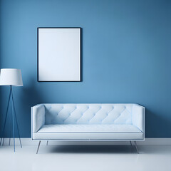 Modern and minimalistic living room interior with white sofa, lamp and picture frame in blue wall background. Generated AI.