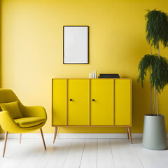 Yellow armchair and bureau in modern living room, plant, picture frame and wall background. Generated AI.