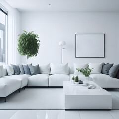 Modern minimalistic white living room and window with sofa, plant, lamp, table and picture frame. Generated AI.