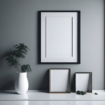 Three modern picture frames on a table with a plant and gray wall background. Generated AI.