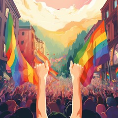 A crowd of people participating in a pride parade. Men and women at a street demonstration for LGBT rights. A group of gay, lesbian, bisexual, and transgender individuals. Colorful vector illustration